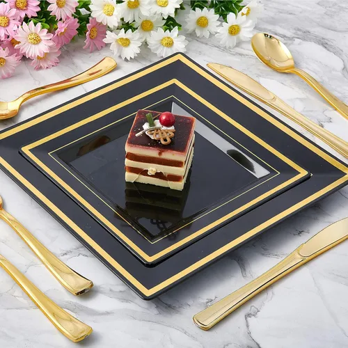 Miniatura 5 de JOLLY CHEF 125 piezas de platos cuadrados de plástico negro y dorado, incluyendo 25 desechables para cena, 25 para postre, 25 cuchillos, 25