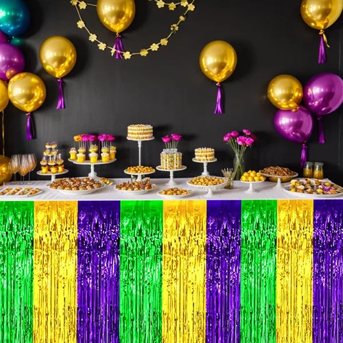Miniatura 6 de LabZhang Paquete de 2 faldas de mesa con flecos metálicos de Mardi Gras de 29.5 x 72 pulgadas, faldas de mesa de fiesta de Mardi Gras, decoración