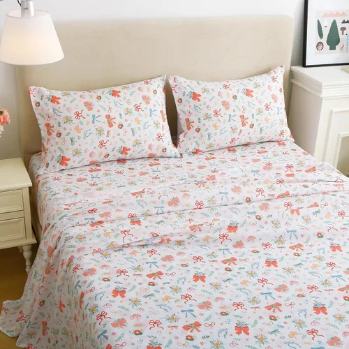 Miniatura 6 de Viviland - Juego de sábanas florales para cama de tamaño matrimonial, 4 piezas con diseño de moño impreso y flores vintage, sábanas suaves