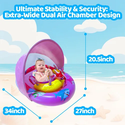 Miniatura 5 de Flotador inflable de piscina para bebés con toldo de protección solar UPF50+, asiento de seguridad ajustable y consola de juegos interactiva