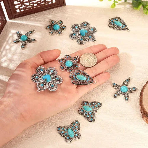Miniatura 5 de PH PandaHall PandaHall - 10 dijes bohemios de mariposa turquesa en 5 estilos de flores turquesas, dijes de joyería occidental para manualidades