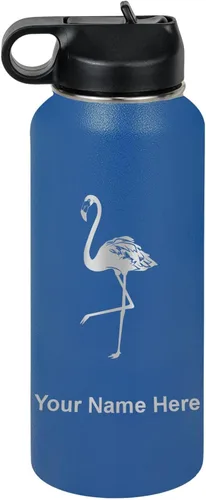 Miniatura 50 de LaserGram Botella de agua personalizada, flamenco, acero inoxidable de doble pared aislada al vacío con popote superior, regalo grabado