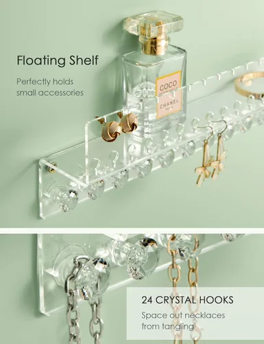 Miniatura 5 de Organizador de joyas colgante de acrílico montado en la pared con estante flotante, organizador de collar y organizador de aretes para mujeres