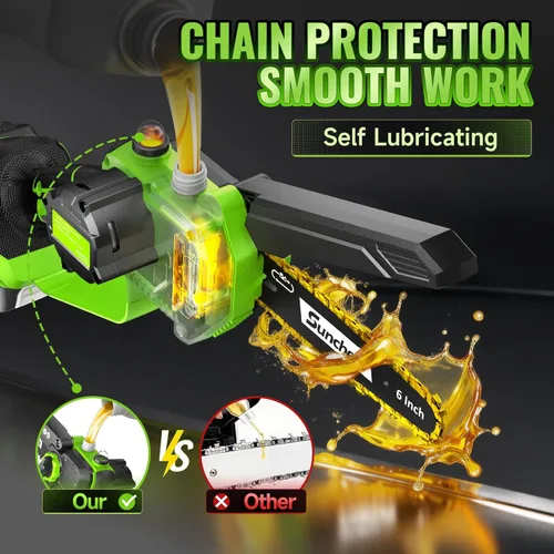 Miniatura 5 de Mini Motosierra Inalámbrica de 6 Pulgadas, Motosierra Eléctrica con 2 Baterías, Motosierra de Mano Alimentada por Batería con Engrasador Automático