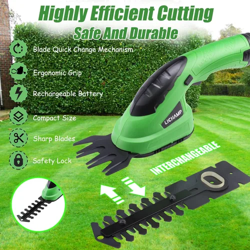 Miniatura 9 de Lichamp CGS-3601 CGS-3601 - Cortadora de setos eléctrica de mano 2 en 1 con batería recargable para jardín y césped, CGS-3601 Verde