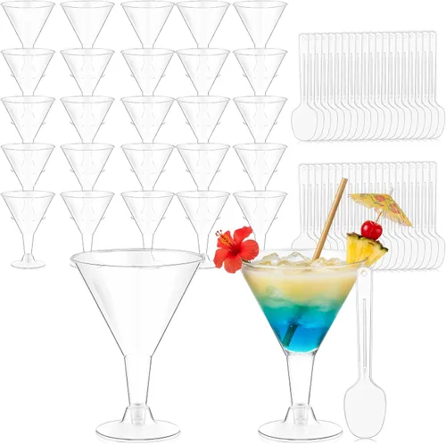 Miniatura 16 de Yinkin 50 tazas y 50 cucharas, vasos de martini de plástico desechables, vasos de cóctel, mini tazas de martini de plástico, vasos shot de postre