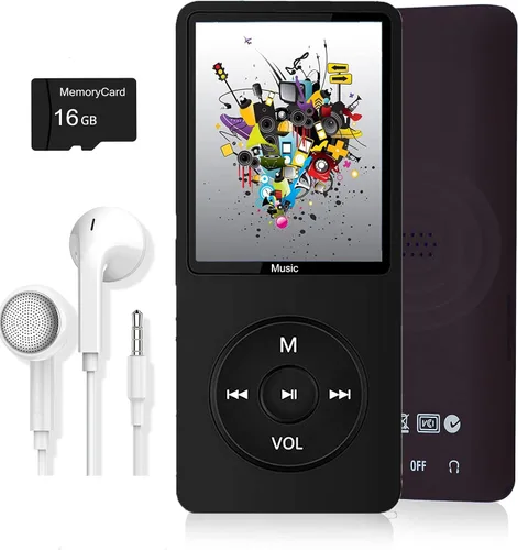 Reproductor de MP3, reproductor de música con tarjeta micro SD de 16 GB, altavoz integrado/foto/reproducción de video/radio FM/grabadora de