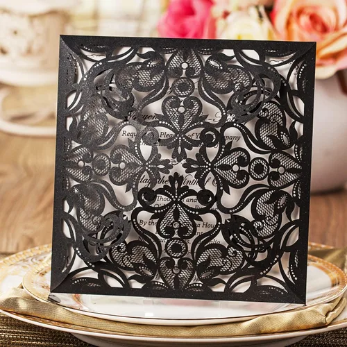 Miniatura 2 de Hosmsua 50 tarjetas de invitación de boda negras cortadas con láser con sobres, invitaciones de rosa hueca de 6.3 x 6.3 pulgadas para boda