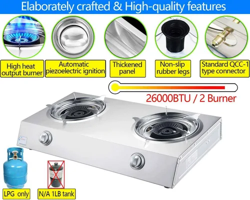 Miniatura 5 de Horynar Estufa de propano de 2 quemadores, quemador de propano de encendido automático, estufa de gas de 26000 BTU con manguera CSA LPG