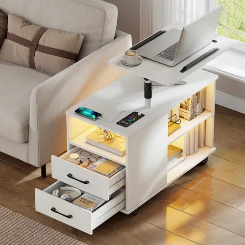 Miniatura 15 de WOOVIVS - Mesita de noche con estación de carga, mesa auxiliar con luces LED, mesa auxiliar inteligente con mesa giratoria ajustable/cajón
