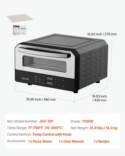 Miniatura 7 de Horno de pizza eléctrico VEVOR, Smart Pizzas Maker interior con 5 ajustes preestablecidos, horno de pizza de encimera de 12 pulgadas con pantalla