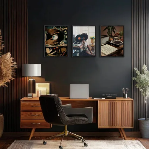 Miniatura 7 de Arte de pared de niña negra, impresiones modernas de pintura de mujer negra, juego de 3 pósteres de tocadiscos de música afroamericana, lienzo