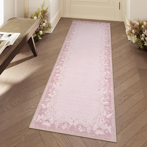 Miniatura 2 de STARUIA Alfombra de pasillo antideslizante de 2 x 6 pies, lavable color rosa mariposa, para pasillos, pelo bajo y suave, alfombra decorada