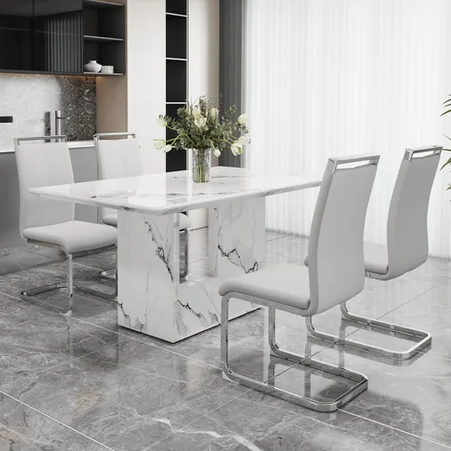 Miniatura 28 de Conjunto de mesa de comedor MUUOKY para 4, mesa de cocina de 63'' y sillas para 4, conjunto de mesa gris y 4 sillas modernas, adecuado para comedor