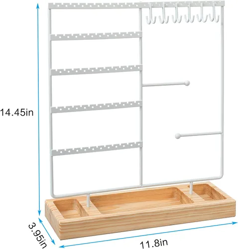 Miniatura 6 de X-cosrack Soporte para aretes, organizador de joyas de 5 niveles con bandeja de madera, 132 agujeros, blanco + natural