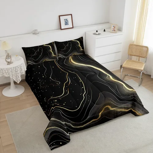 Miniatura 3 de Erosebridal Juego de edredón de mármol negro y dorado tamaño Queen, juego de ropa de cama con purpurina, líneas blancas y doradas con textura Marble