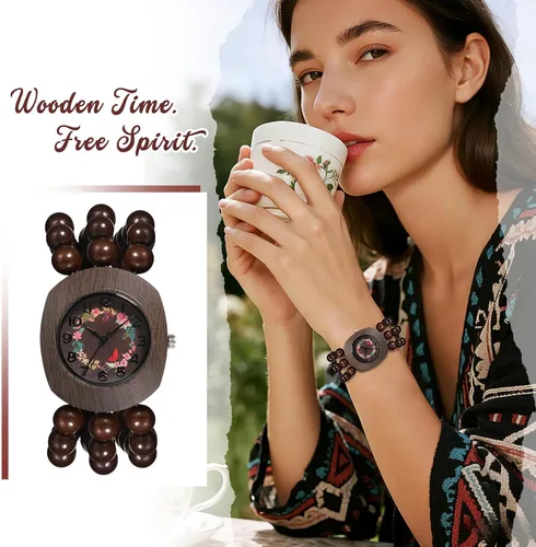 Miniatura 7 de JewelryWe Reloj elástico de madera bohemio pulsera de madera con cuentas Tonneau hecha a mano, esfera floral con banda elástica, reloj de pulsera