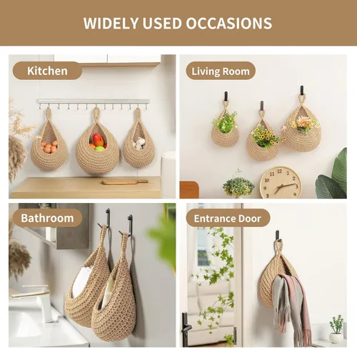 Miniatura 6 de Canastas colgantes de frutas boho para pared de cocina, paquete de 3, contenedor tejido para productos con 6 piezas de ganchos fuertes, cesta de lino