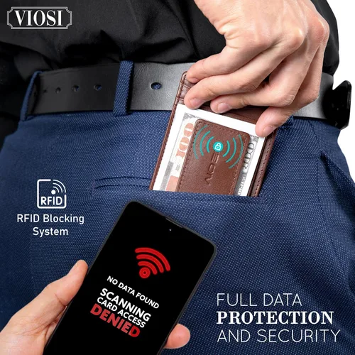 Miniatura 6 de Billetera con clip magnético con bolsa frontal de cuero de hombre, Viosi RFID, Marrón