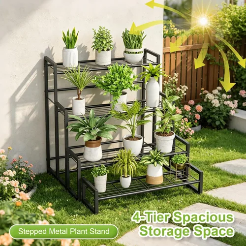 Miniatura 2 de VyGrow Soporte para plantas, soporte apilable para plantas de 4 niveles, estante escalable resistente para plantas altas para interiores y negro
