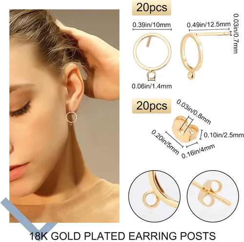 Miniatura 2 de Beebeecraft 1 caja, 20 aretes chapados en oro de 18 quilates con bucle, aretes geométricos de círculo simple con 20 piezas de mariposa para hacer