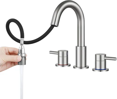 Miniatura 14 de FGKQ Grifo de Baño de Níquel Cepillado 3 Agujeros, Grifo de Baño de 8 Pulgadas Generalizado para Lavabo 3 Agujeros de Níquel Cepillado con Líneas