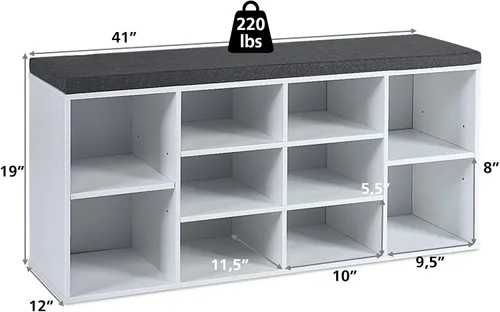 Miniatura 3 de DORTALA Banco de zapatos con cojines acolchados, armario de almacenamiento de 10 cubos con estantes ajustables, banco de almacenamiento de zapatos