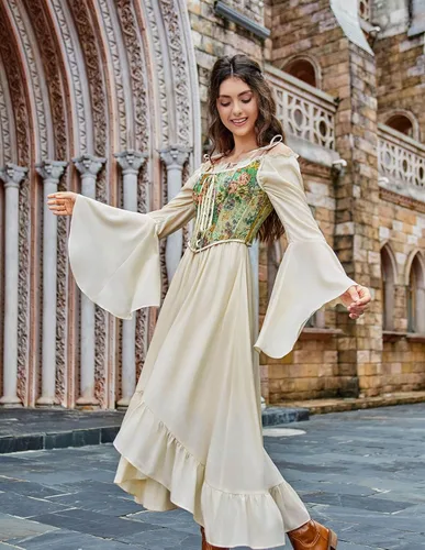 Miniatura 4 de Scarlet Darkness Disfraz de feria renacentista para mujer, vestido de manga larga acampanada con hombros descubiertos, vestido alto y bajo