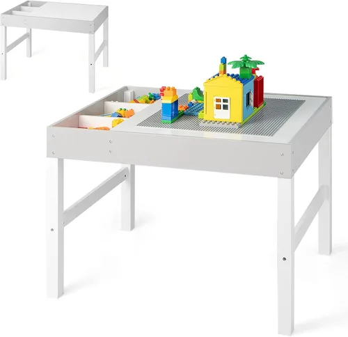 Miniatura 10 de HONEY JOY Mesa para niños, mesa de actividades de madera 2 en 1 con rollo de papel, mesa de bloques de construcción convertible, 3 compartimentos