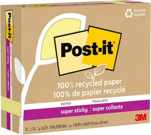 Miniatura 10 de Post-it Notas súper adhesivas de papel 100% reciclado, amarillo canario, 3 pulgadas x 5 pulgadas, 12 blocs de notas adhesivas, 70 hojas por bloc