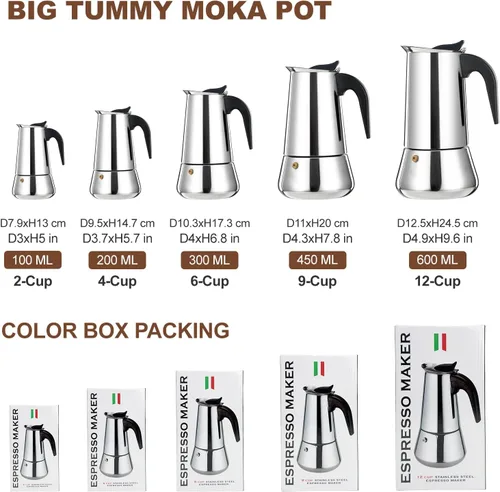 Miniatura 2 de olla de 6 tazas para preparar espresso en la estufa, cafetera moka de acero inoxidable, percolador para estufa, cafetera italiana, capaz de preparar