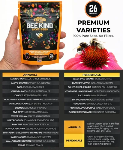 Miniatura 5 de Tactiko Garden Mezcla de 26 Semillas de Flores Silvestres, 120,000+ semillas de 4 oz Save The Bees Semillas de Jardín de Flores Silvestres, Semillas