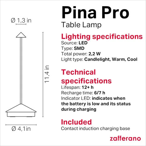 Miniatura 4 de Zafferano, Pina Pro - Lámpara de mesa inalámbrica recargable con controles táctiles, adecuada para interiores y exteriores, atenuador, 2200-3000 K