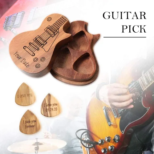 Miniatura 4 de Gemszoo Púas de guitarra personalizadas para cualquier mensaje, paquete de 3 en caja de madera para guitarra, regalo musical para guitarra (estilo 1)