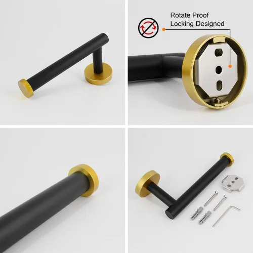 Miniatura 8 de Juego de accesorios de baño de 3 piezas, color negro y dorado, para montar en la pared, incluye soporte para papel higiénico, 2 ganchos para toallas