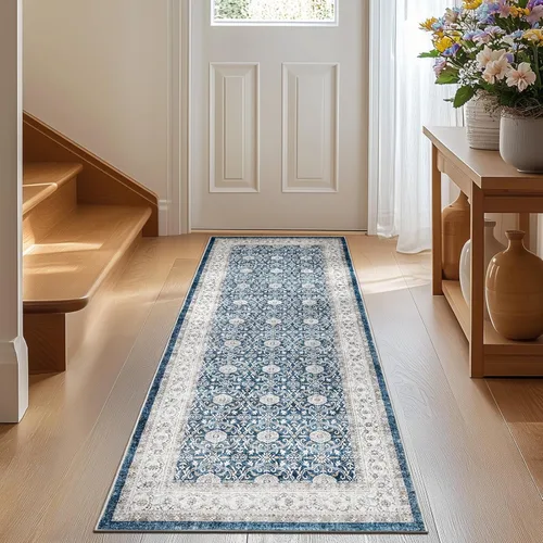 Miniatura 11 de Jinchan Fiora - Alfombra redonda de 8 pies, alfombras vintage con diseño floral envejecido, lavable a máquina, antideslizante, de pelo bajo, Azul