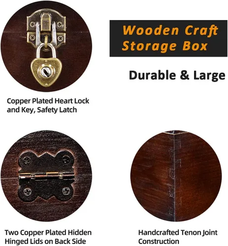Miniatura 3 de Juego de 2 cajas de almacenamiento de madera con cerradura y llaves, caja decorativa de madera para recuerdos con tapa con bisagras, cofre