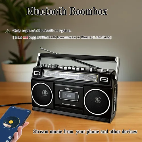 Miniatura 4 de Boombox portátil estilo retro clásico de los años 80 con reproductor grabador de casete, radio AM/FM/SW1/SW2, Bluetooth, ranuras USB/Micro SD