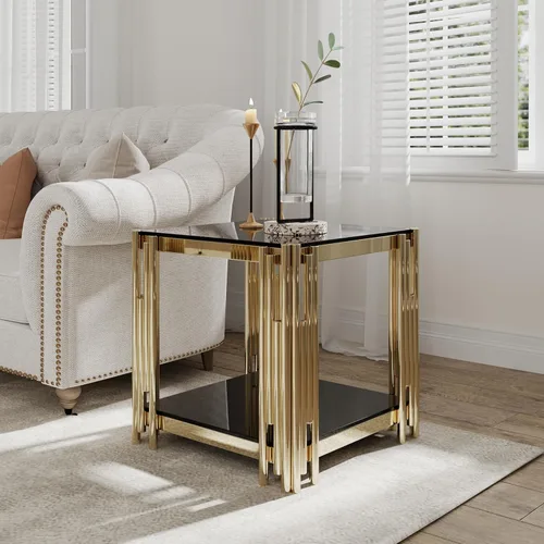 Miniatura 13 de Mesa de centro rectangular moderna de vidrio con parte superior de cristal templado negro y marco de acero inoxidable para sala de estar