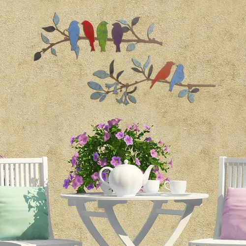 Miniatura 4 de Demissle 2 piezas de arte de pared de pájaros de metal, pájaros vivos en rama con hojas, decoración de pared rústica, impermeable, escultura