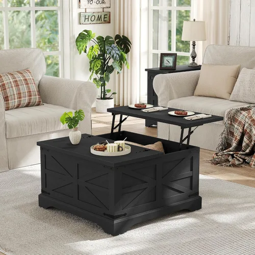 Miniatura 4 de Furnideco - Mesa de centro de granja con superficie elevable, mesa central cuadrada de madera con gran compartimento de almacenamiento oculto