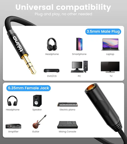 Miniatura 2 de Tisino Adaptador de 1/4 a 0.138 in, adaptador de audio estéreo hembra de 1/4 a 1/8 pulgadas macho para auriculares, amplificadores, guitarra