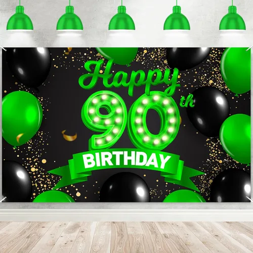 Miniatura 16 de Cartel de feliz cumpleaños 26 verde y negro, telón de fondo con texto en inglés "Cheers to 26 years old confeti", globos de confeti, decoración