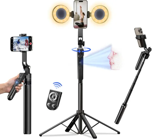 Trípode para selfie stick de seguimiento automático de cara para iPhone con luz, soporte de trípode para cámara de teléfono de 70.9 pulgadas,