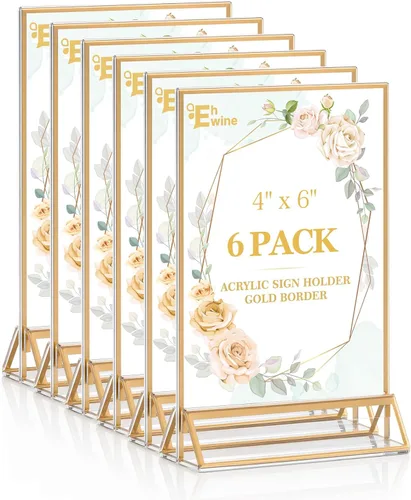 Miniatura 20 de EHWINE Paquete de 12 soportes acrílicos para letreros de 5 x 7 pulgadas, soporte de marco de oro de doble cara, soportes de letreros de mesa