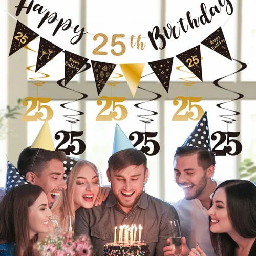 Miniatura 4 de BRT Bearingshui Kit de decoración de cumpleaños de 25 años para hombres y mujeres, pancarta de feliz cumpleaños 25, serpentinas de remolinos