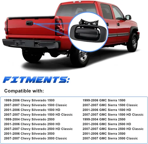 Miniatura 3 de Manija de portón trasero y embellecedor de bisel para Chevy Silverado GMC Sierra 1500 HD 2500 3500 manija trasera del pestillo de escotilla OE#