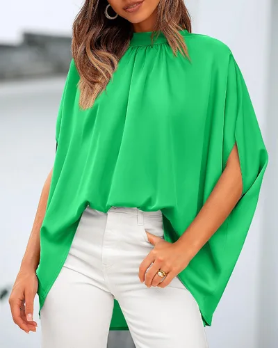 Miniatura 48 de BTFBM Blusas de verano para mujer, cuello alto falso, manga murciélago, holgadas, dobladillo alto y bajo, blusas informales de gran