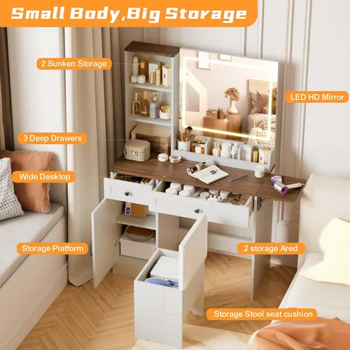Miniatura 4 de NUNU LAB Escritorio tocador con espejo y luces con 6 cajones y 4 armarios, gran mesa de maquillaje para mujeres con toma de corriente, iluminación