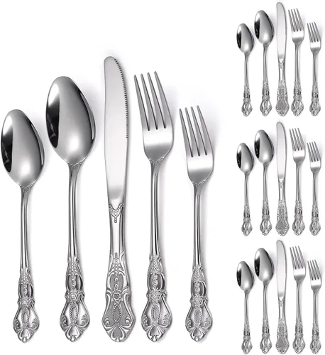 Miniatura 16 de Modern Silverware - Juego de cubiertos martillados de acero inoxidable de 20 piezas para 4 personas, incluye tenedores, cucharas, cuchillos, plateado
